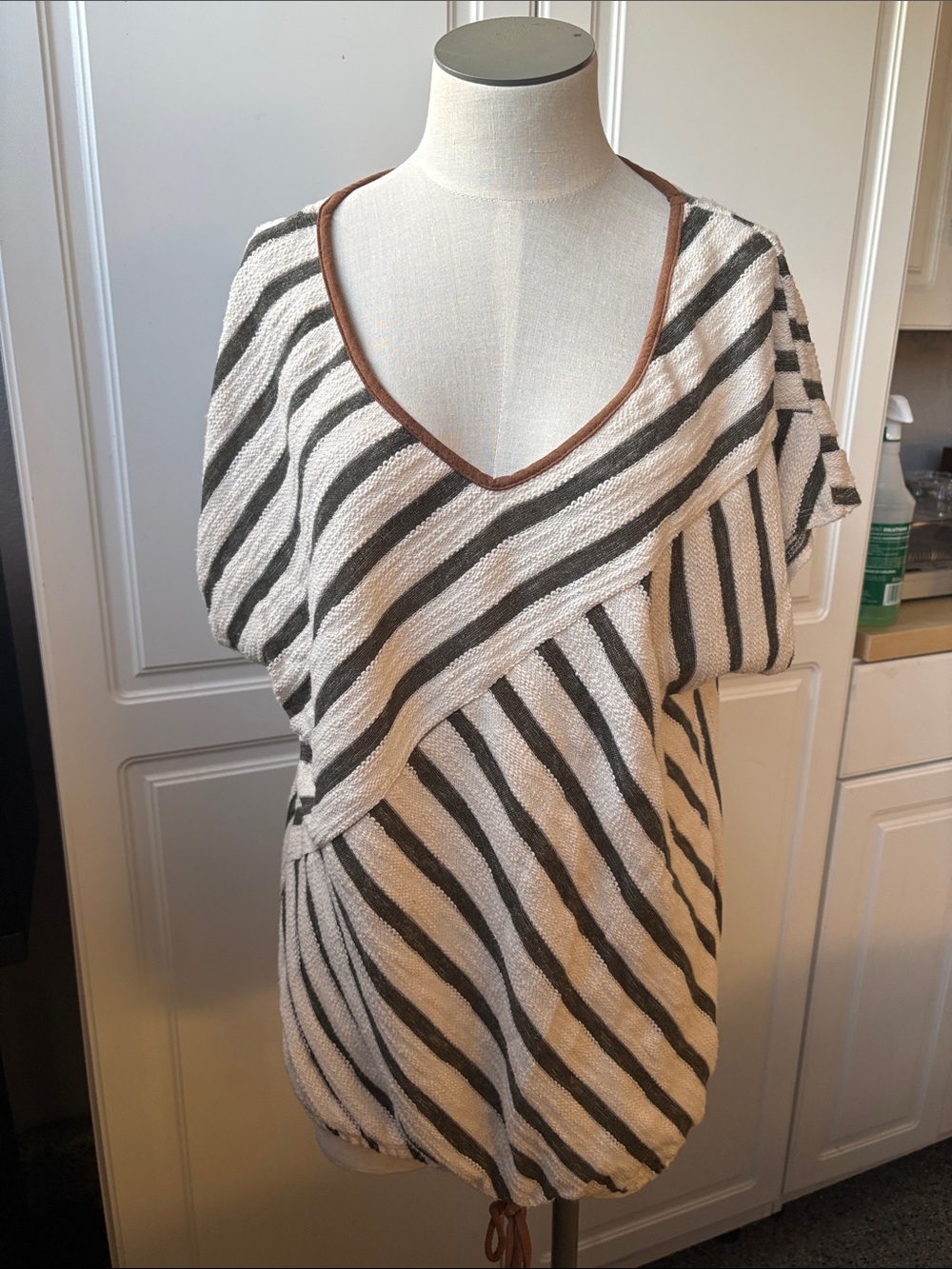 PerSeption Concept Cream and Brown Striped V-Neck Knit Top